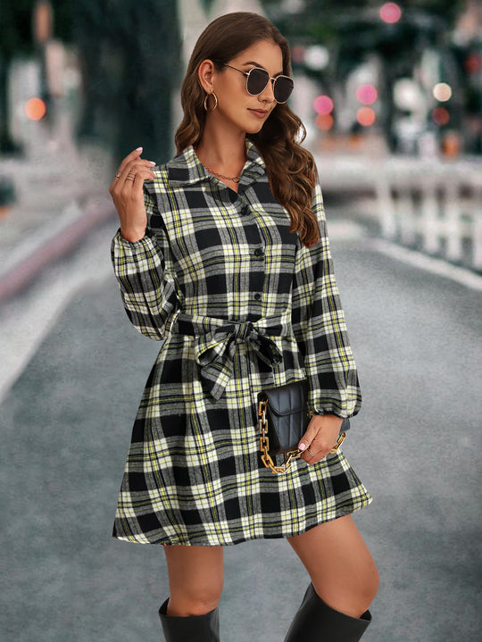 Damen Karohemdkleid mit Bindegürtel und langen Ärmeln EB