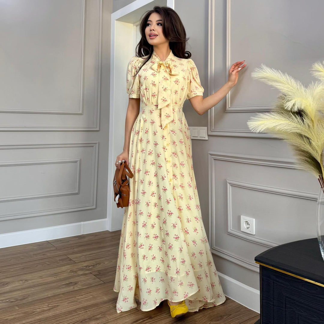 Damen Maxikleid mit eleganter Schleifenbindung und romantischem Blütenmuster EB