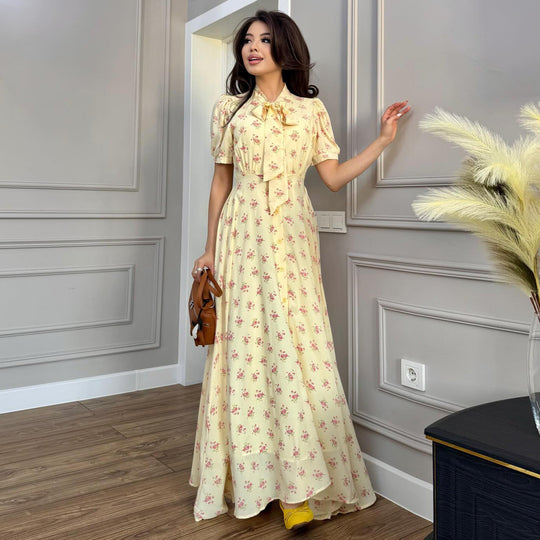 Damen Maxikleid mit eleganter Schleifenbindung und romantischem Blütenmuster EB