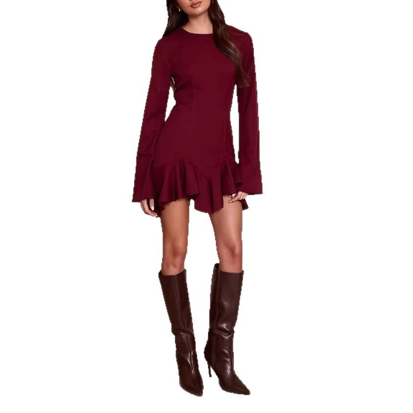 Damen Figurbetontes Langarm-Minikleid mit taillierten Nähten und Volant-Saum EB