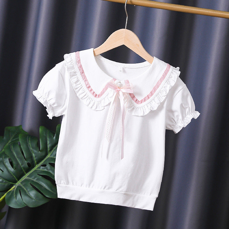 Mädchen T-Shirt mit rüschenverziertem Kragen und Schleifenakzenten EB