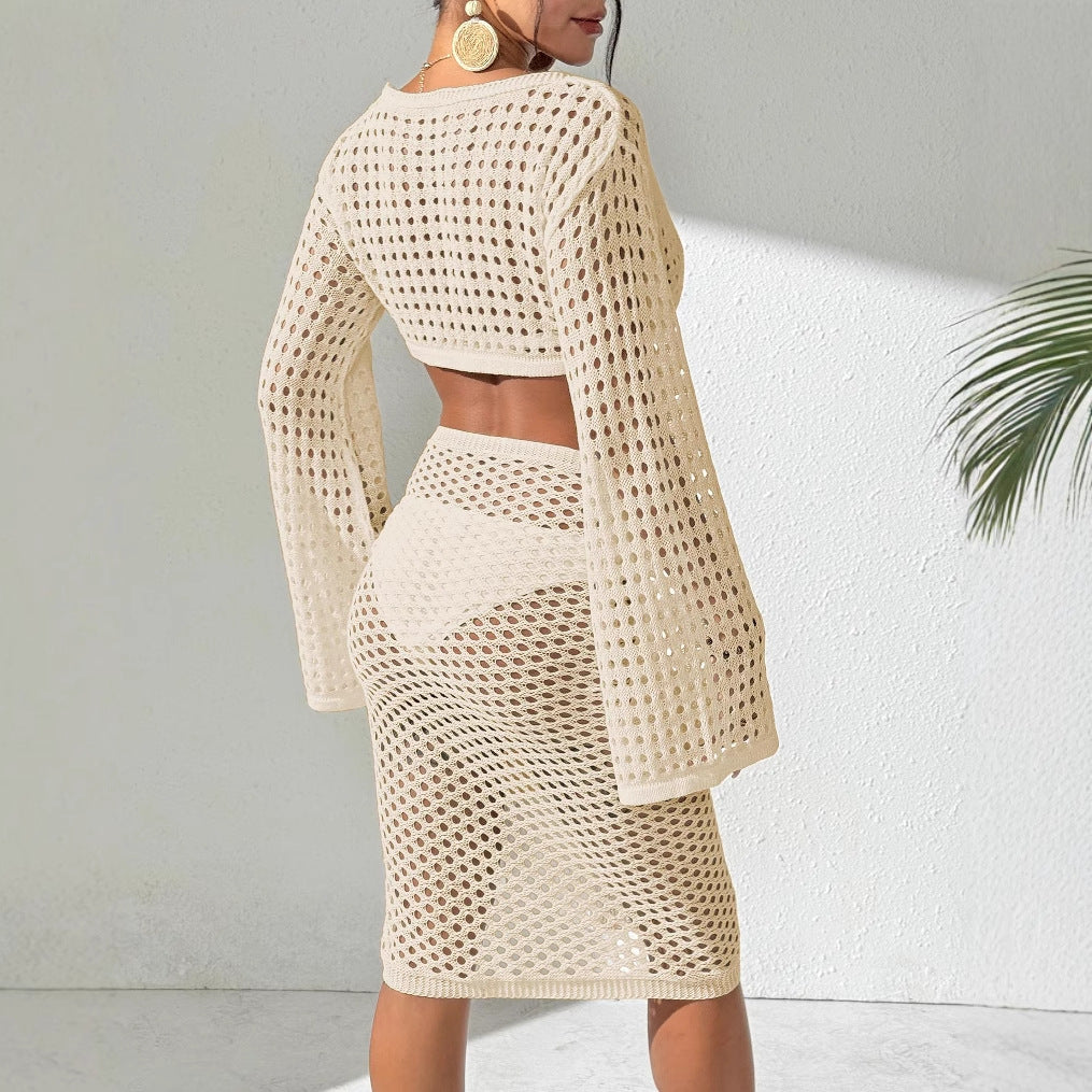 Damen gehäkelter Strandüberwurf mit eleganten Schlagärmel EB