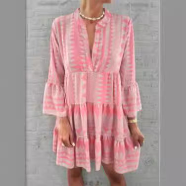 Damen lässiges Wickelkleid mit voluminösen Ärmeln und grafischem Muster EB