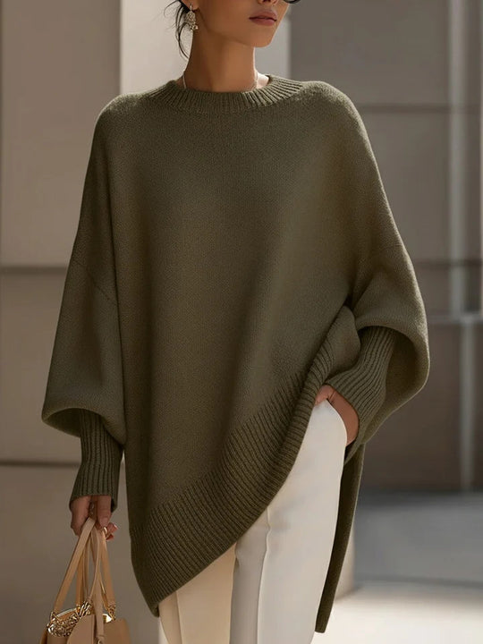 Damen nan Oversize Strickponcho mit asymmetrischem Saum und gerippten Ärmeln EB