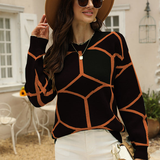 Damen strukturiertes Pullover mit geometrischem Muster und lässigem Schnitt EB