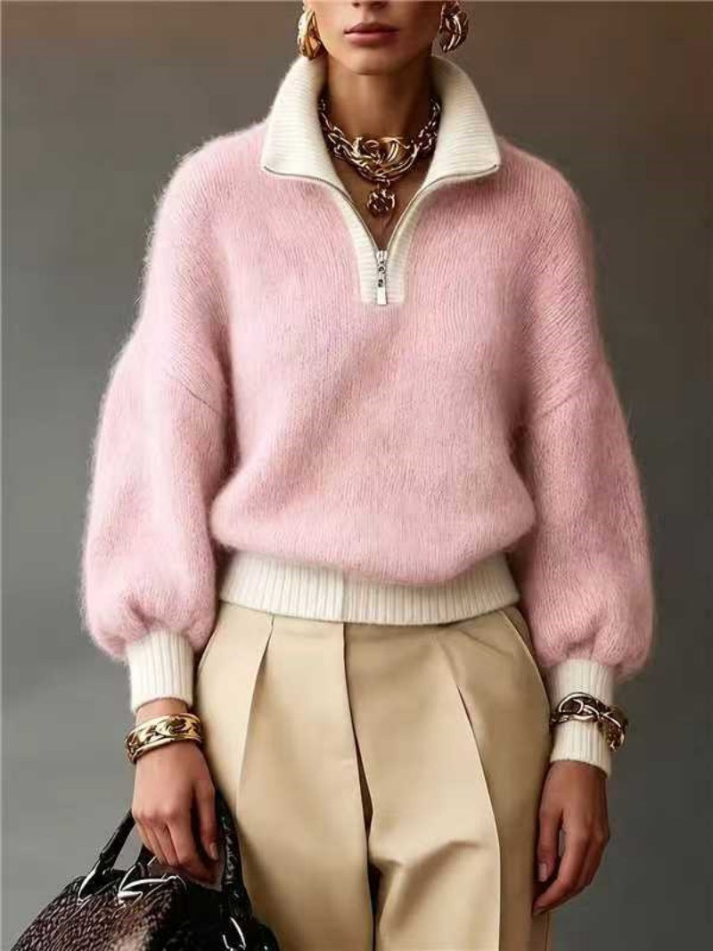 Damen Flauschiger Pullover mit halbem Reißverschluss, Stehkragen und Ballonärmeln EB