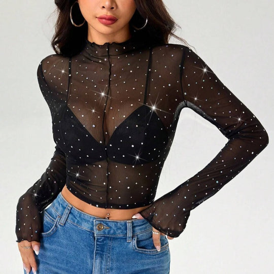 Damen Sexy Crop-Top aus transparentem Netz mit funkelnden Akzenten EB