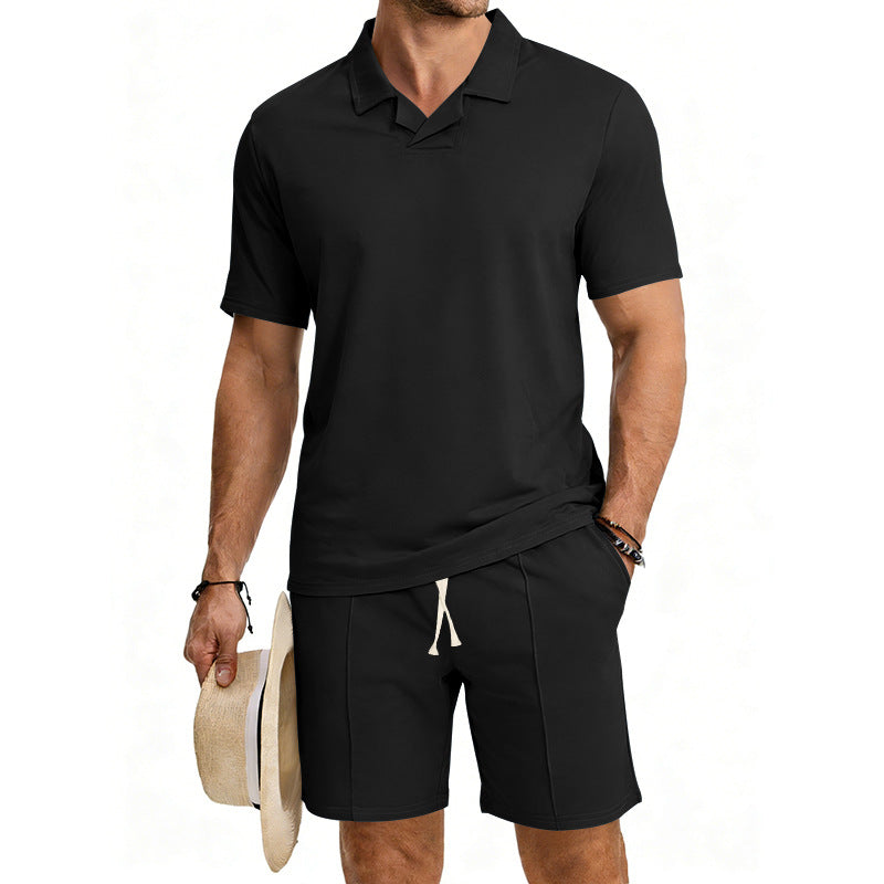 Herren nan kurzärmeliges Polo-Lounge-Set mit V-Einsatz am Kragen und Kordelzug-Bermuda EB