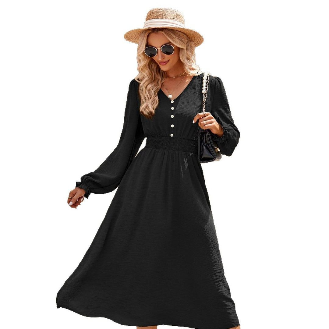Damen Midikleid mit V-Ausschnitt, geraffter Smock-Taille und Knopfleiste EB