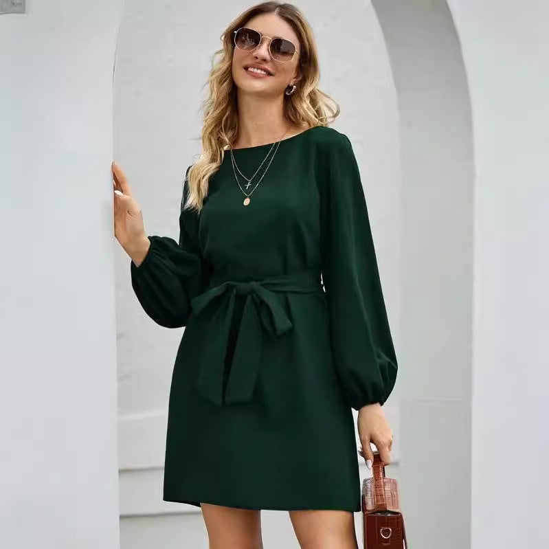 Damen Elegantes Kleid mit Ballonärmeln und Taillengürtel EB