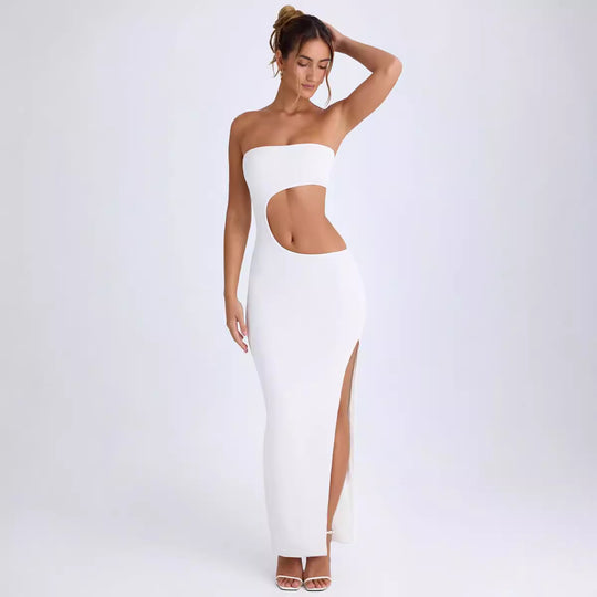 Damen Elegantes Cut-Out Maxikleid mit Schulterfreiem Design und Hohem Schlitz EB