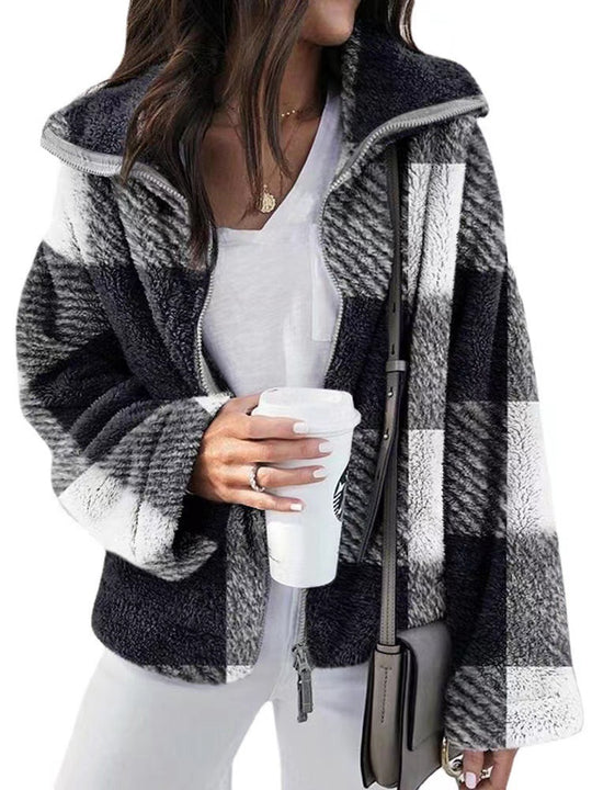 Damen modische Fleecejacke mit hoch geschlossenem Kragen und kariertem Muster EB