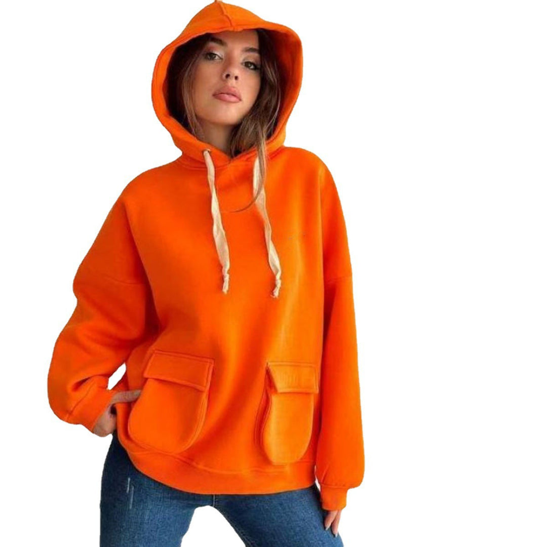 Damen nan Oversize-Kapuzenpullover mit aufgesetzten Klappentaschen und extra-langen Kordeln EB