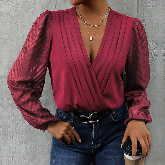 Damen Wickelbluse mit feinen Plissee-Details und transparenten Ärmeln EB
