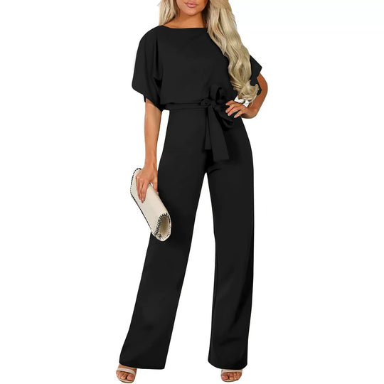 Damen Eleganter Jumpsuit mit weitem Bein und Taillenknoten EB