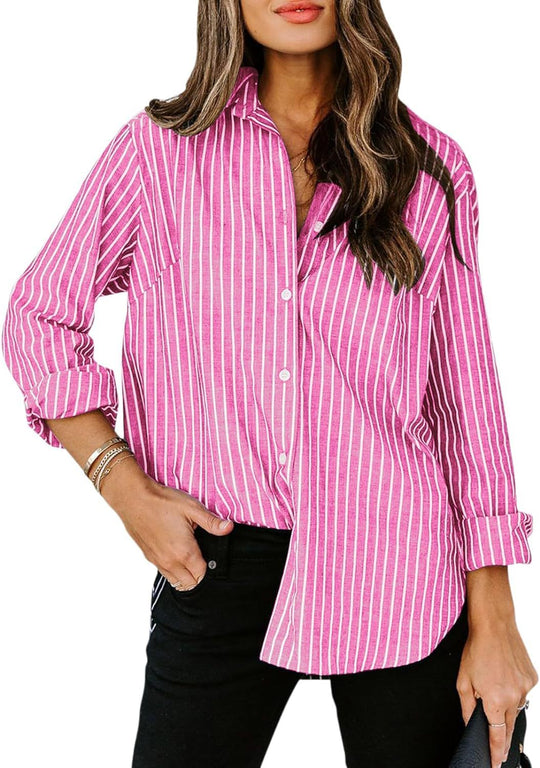 Damen gestreifte Bluse mit klassischem Kragen und lässigem Schnitt EB