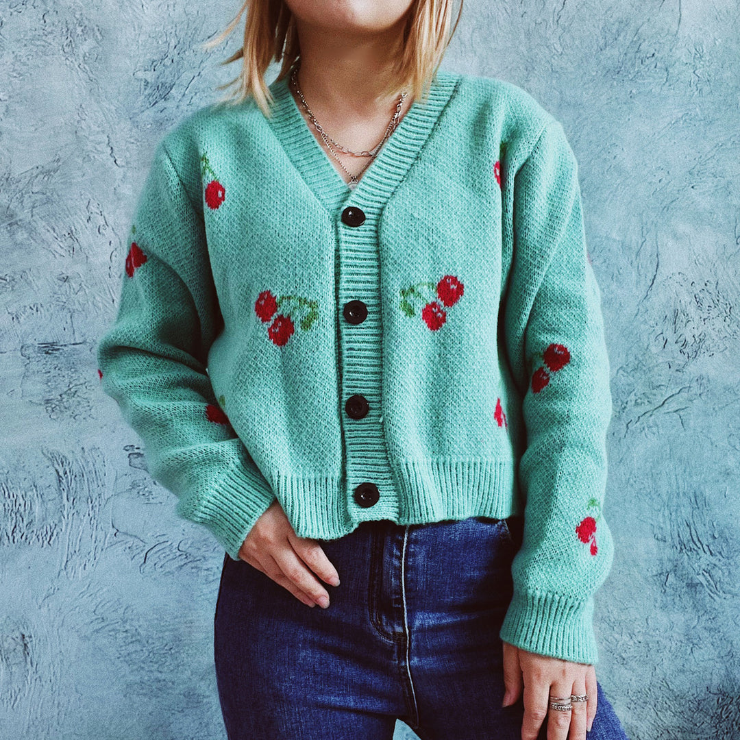 Damen Strickjacke im fröhlichen Kirschmotiv EB