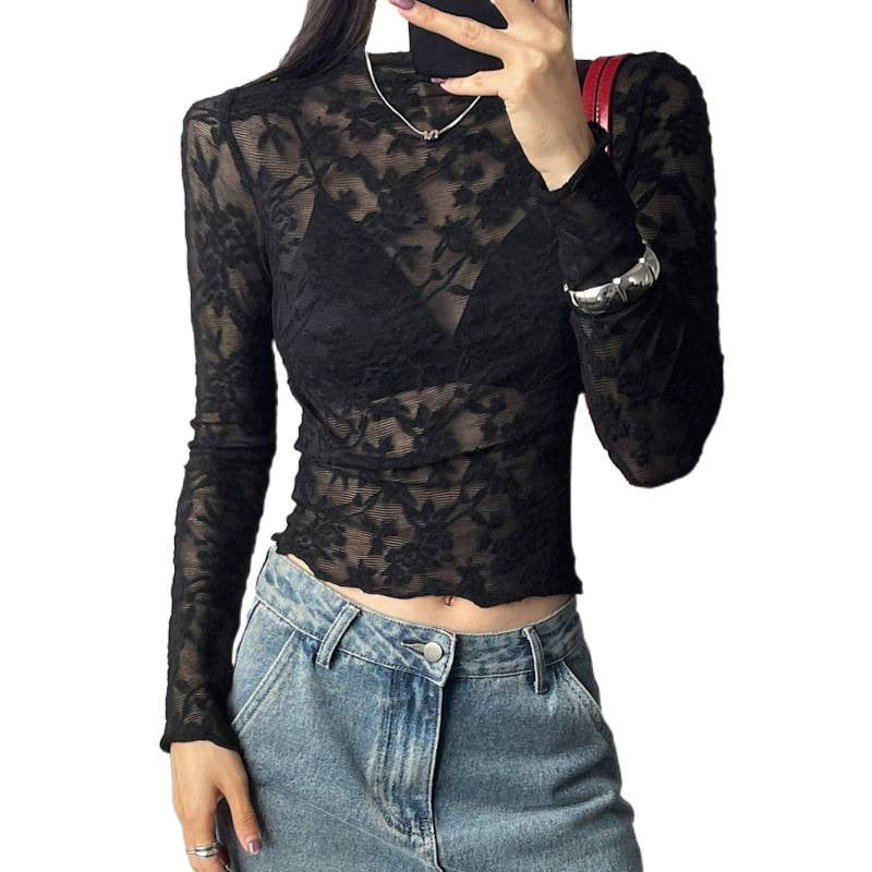 Damen Spitzenoberteil mit elegantem floralem Design und transparenten Ärmeln EB