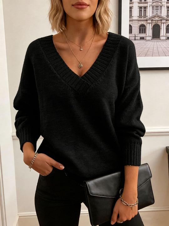 Damen Feinstrickpullover mit tiefem V-Ausschnitt und überschnittener Schulter EB