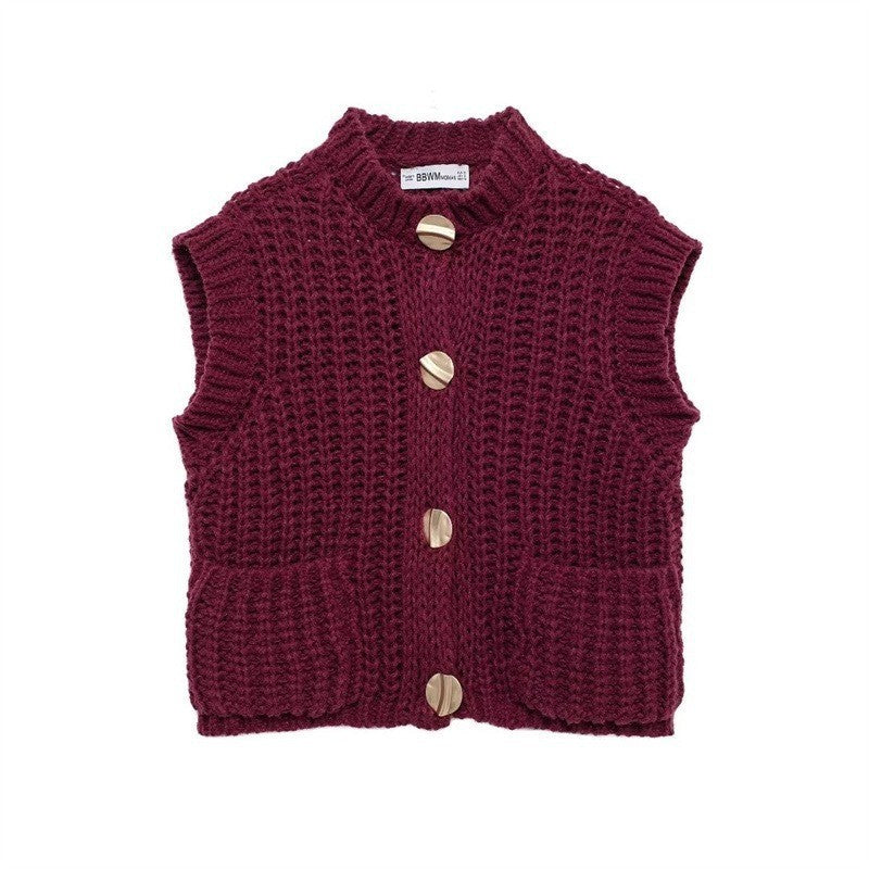 Damen grobgestrickte Woll-Boxy-Weste mit Zierknöpfen und Eingrifftaschen EB
