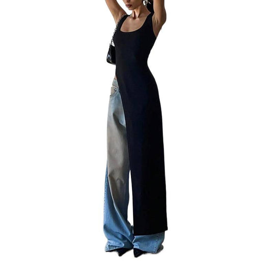 Damen Langarm-Umstands-Tunika mit asymmetrischem Schnitt und stylischen Denim-Elementen EB