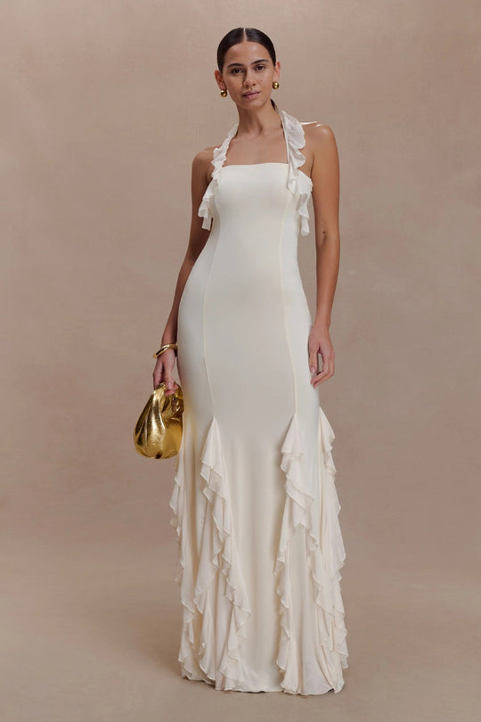 Damen Elegantes Langarm-Maxikleid mit Rüschendetails EB