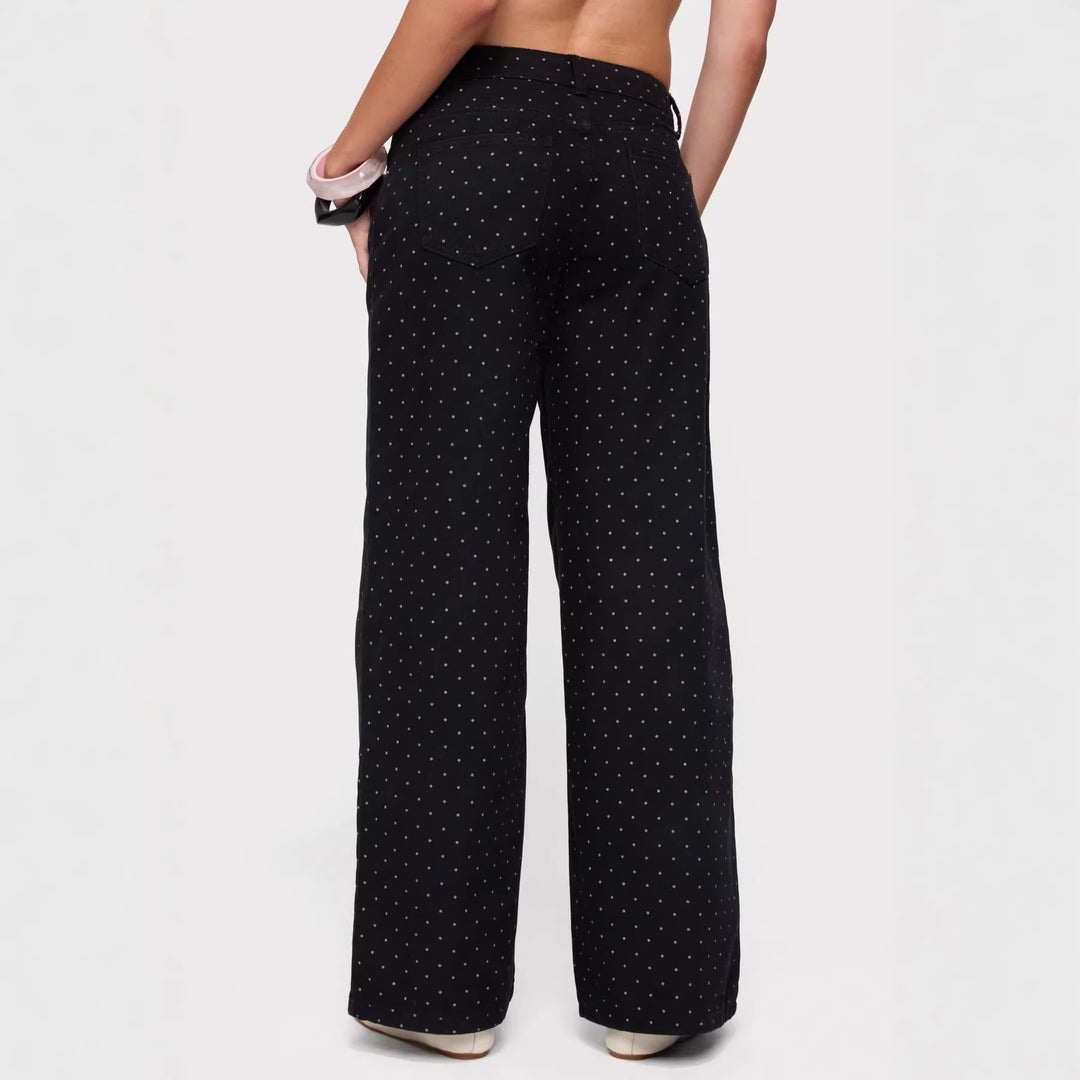 Damen nan hochgeschnittene weite Denimhose mit durchgehendem Punktmuster und klassischem Taschen-Design EB