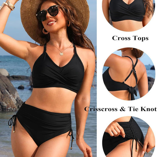 Damen Hochtailliertes Bikini-Set mit elegantem Wickeldesign und verstellbaren Trägern EB