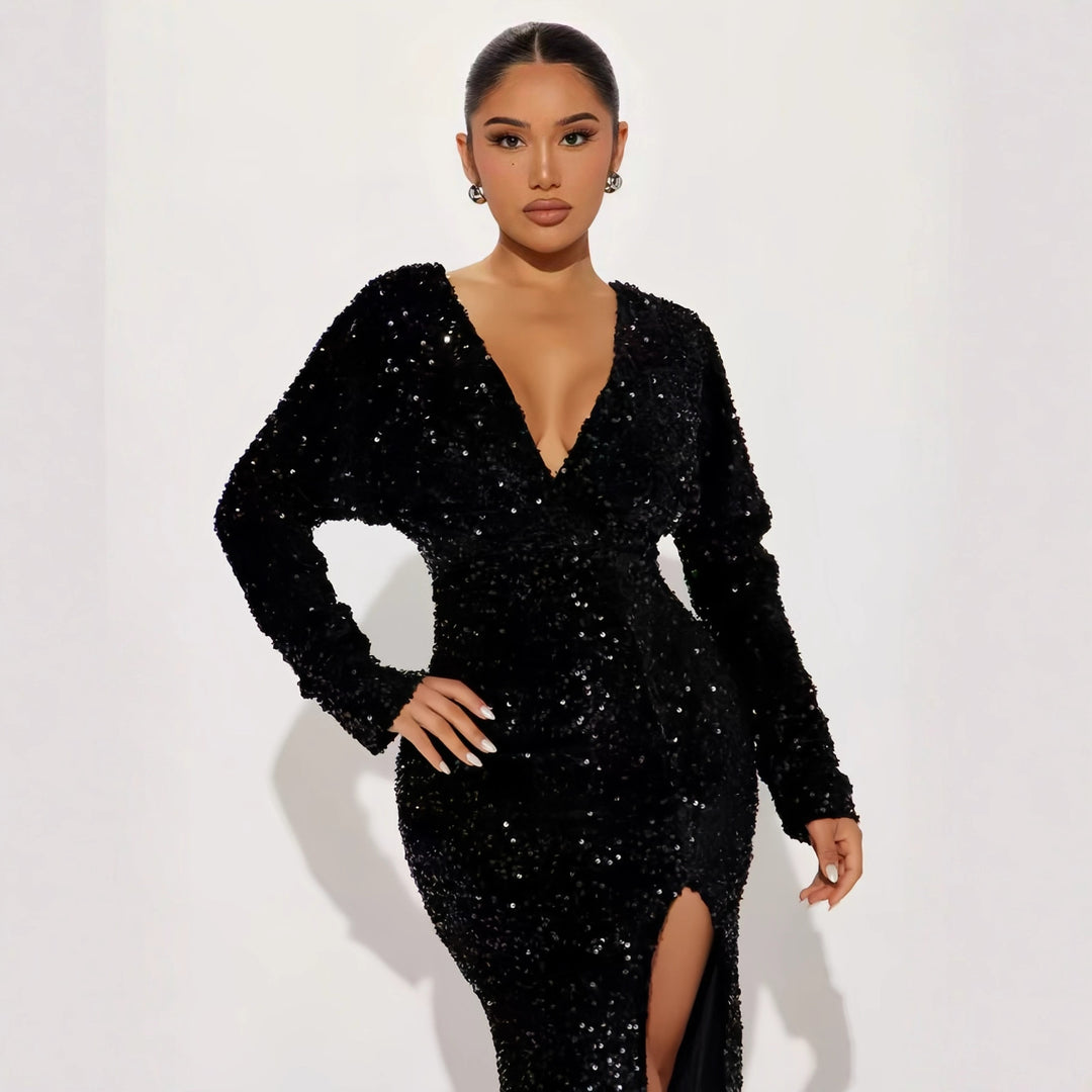 Damen Glamouröses Pailletten-Maxikleid mit tiefem V-Ausschnitt und eleganten Ärmelverzierungen EB