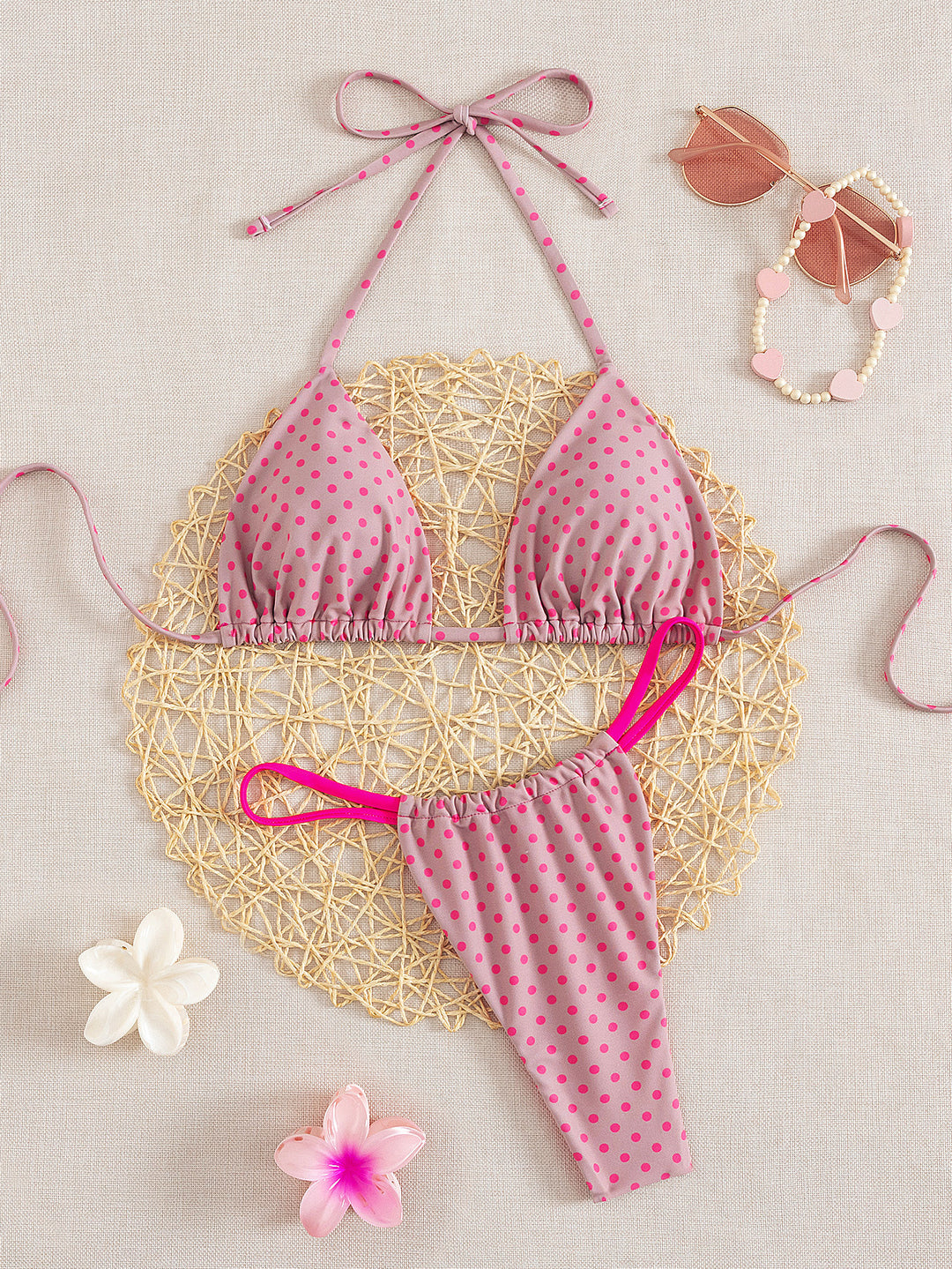 Damen Triangel-Bikini mit verspielt gepunktetem Design und verstellbaren Trägern EB