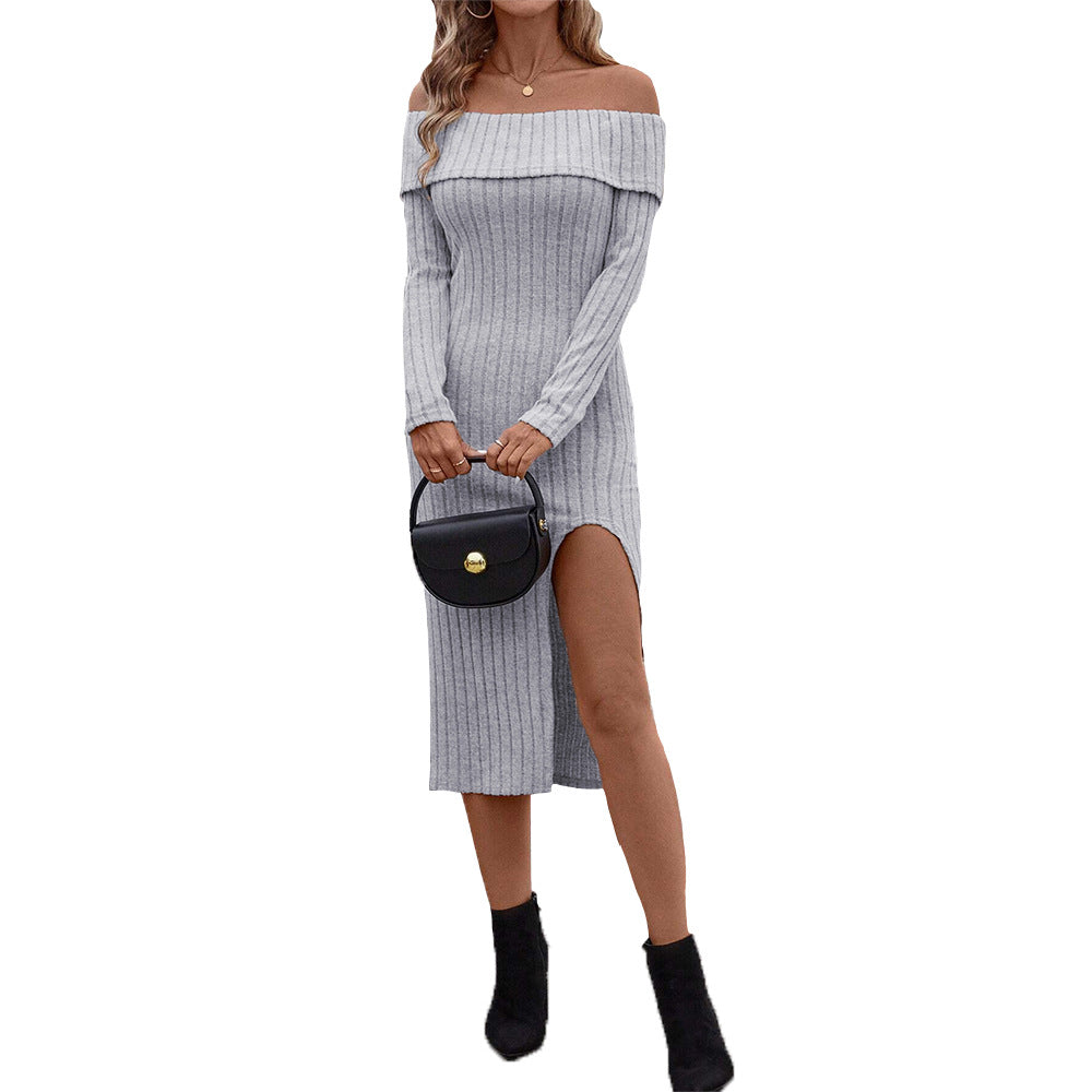 Damen figurschmeichelndes Rippstrick Midikleid mit Carmen-Ausschnitt, hohem Seitenschlitz und langem Ärmel Eichborn Berlin