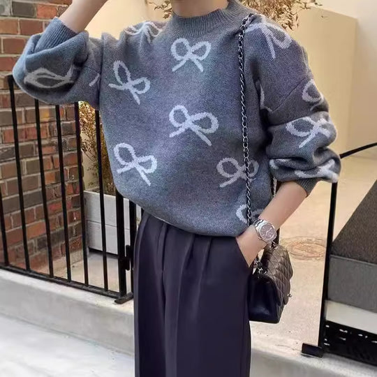 Damen Weicher Pullover mit romantischem Schleifenmuster EB