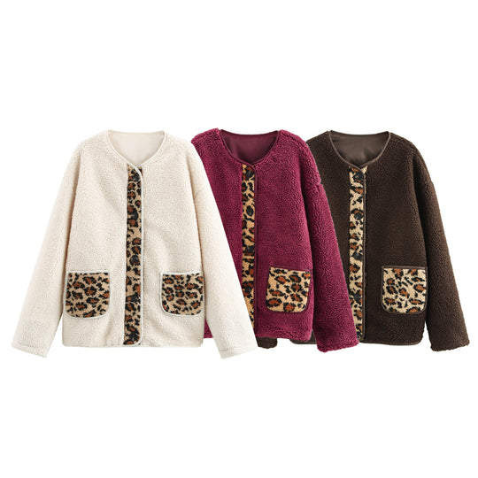 Damen kuschelige Teddyjacke mit tierischem Muster und praktischen Pattentaschen EB