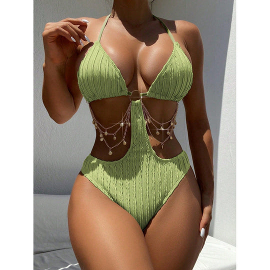 Damen Einteiler-Badeanzug mit stilvollen Cut-out-Details und dekorativen Ketten EB