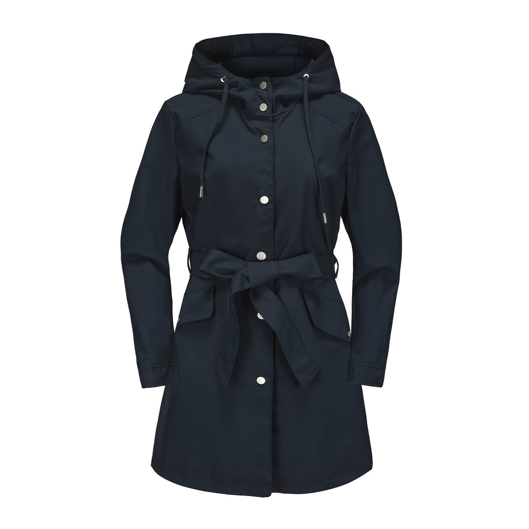 Damen wasserfeste Übergangsjacke mit verstellbarem Kapuzenkragen und Taillengürtel EB