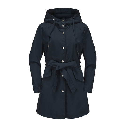 Damen wasserfeste Übergangsjacke mit verstellbarem Kapuzenkragen und Taillengürtel EB