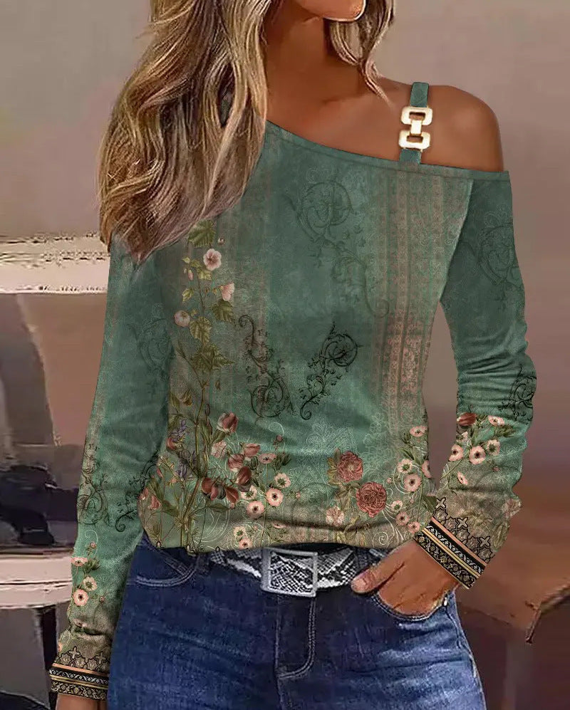 Damen Off-Shoulder Oberteil mit modischem Muster und dekorativen Trägern EB