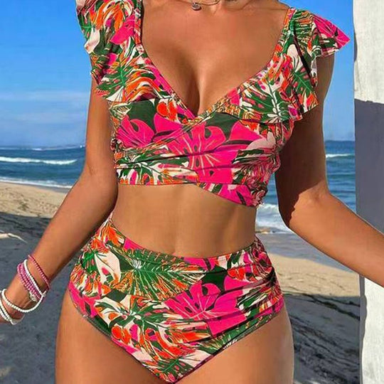 Damen Cropped Bikini-Set mit verspieltem Rüschendesign und elegantem Bindeträgersystem EB