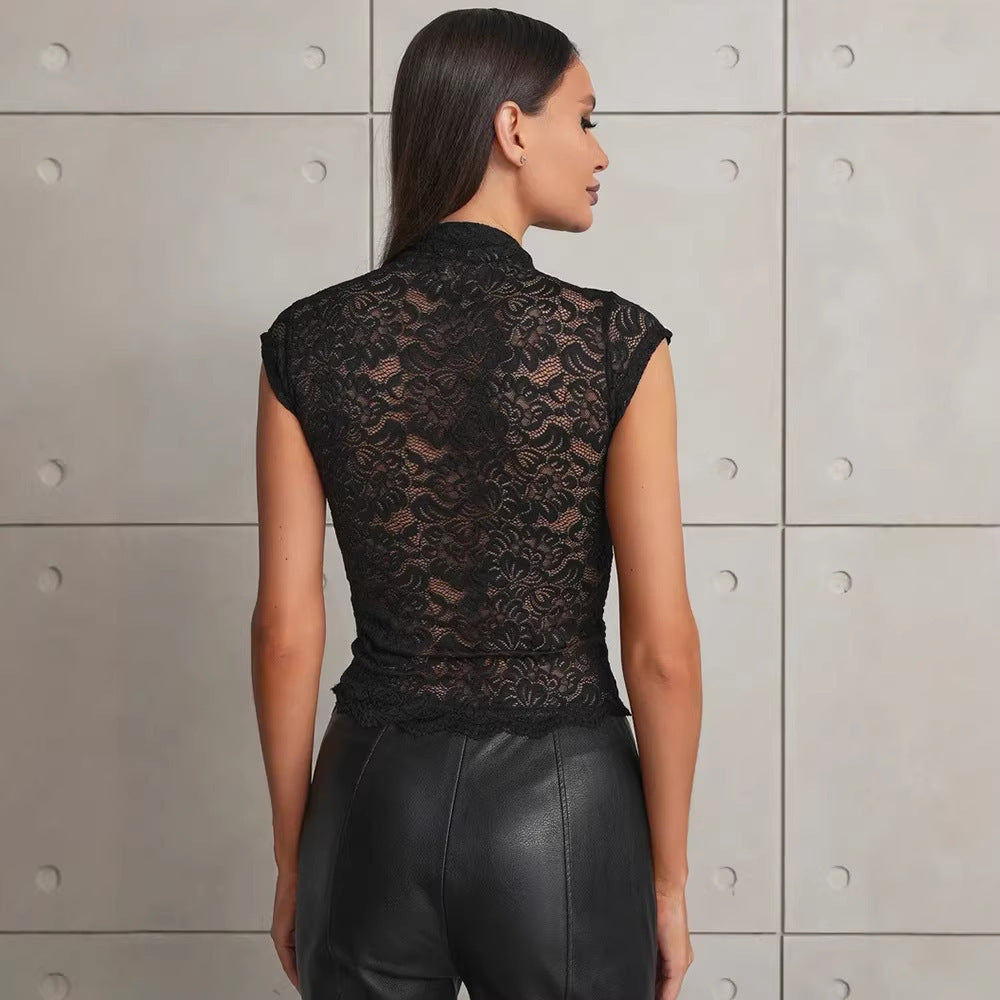 Damen Spitzenbluse mit Stehkragen EB