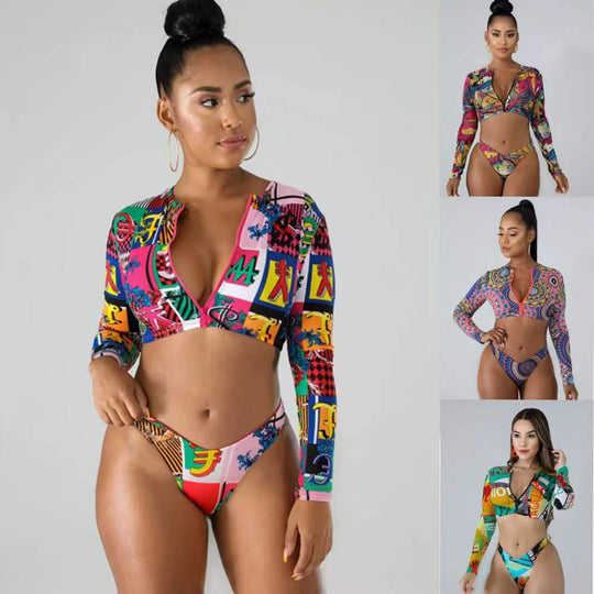 Damen Surf-Bikini-Set mit langärmeligem Oberteil und modischem Reißverschluss EB