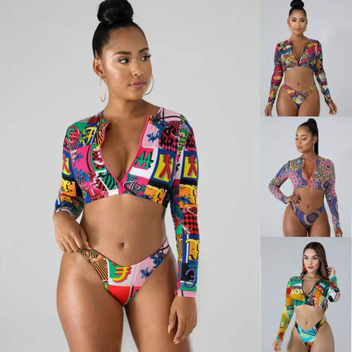 Damen Surf-Bikini-Set mit langärmeligem Oberteil und modischem Reißverschluss EB