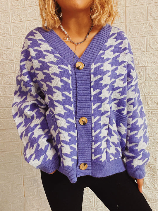 Damen gemütlicher Strickcardigan mit modernen Hahnentrittmuster und Knopfdetails EB
