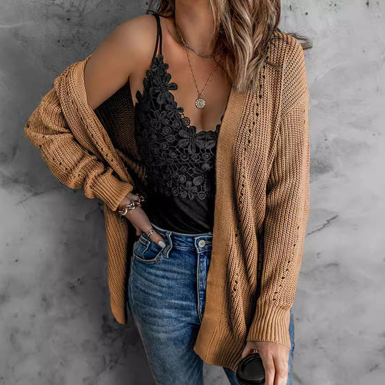 Damen offene Strickjacke mit leichter Lochstruktur und komfortabler Passform EB