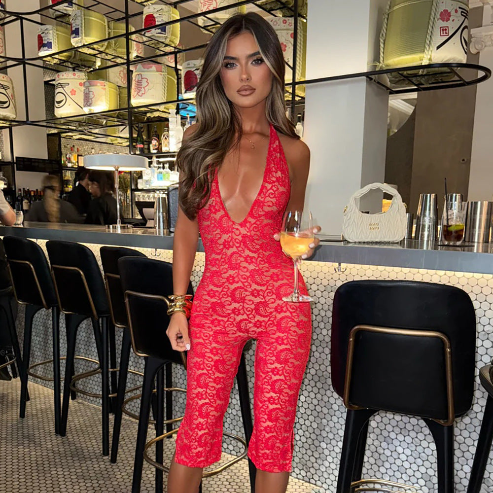Damen Eleganter Spitzen-Jumpsuit mit tiefem V-Ausschnitt und seitlichen Schlitzen EB