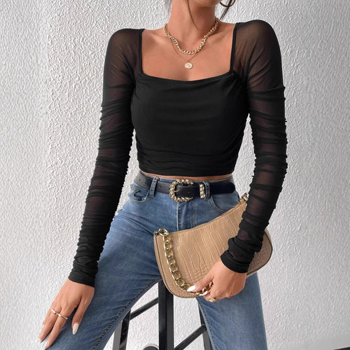 Damen Cropped Oberteil mit transparenten Ärmeln EB