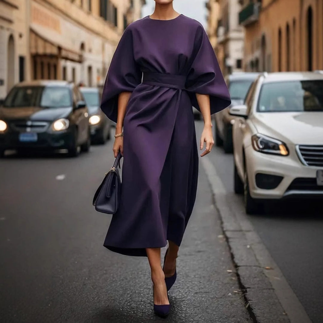 Damen Maxikleid mit eleganten Puffärmeln und Taillengürtel EB