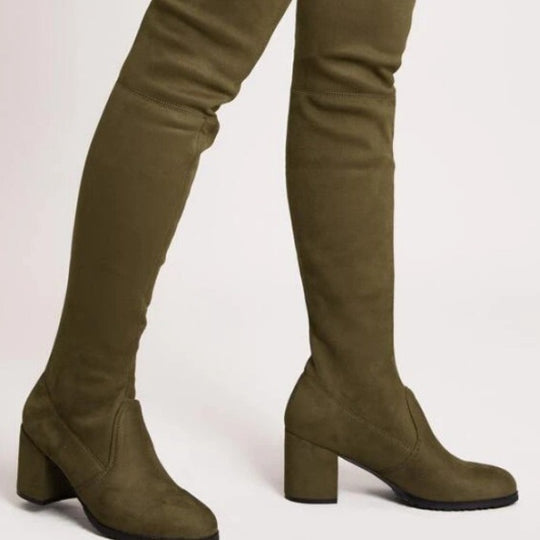 Damen Overkneestiefel mit modischem Blockabsatz und eleganter Schnürung EB