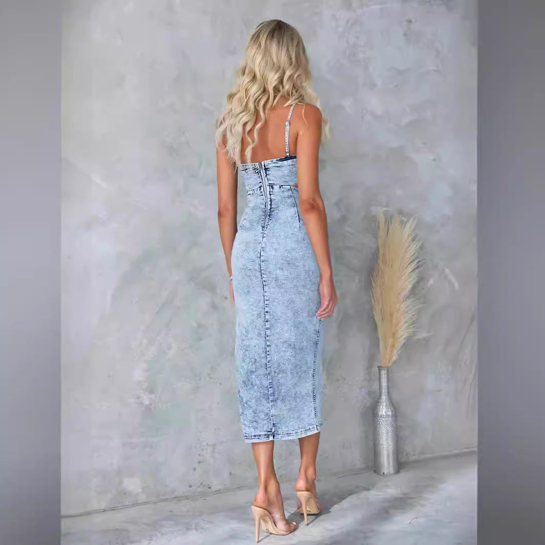 Damen Denim-Cocktailkleid mit Schnittdetails EB