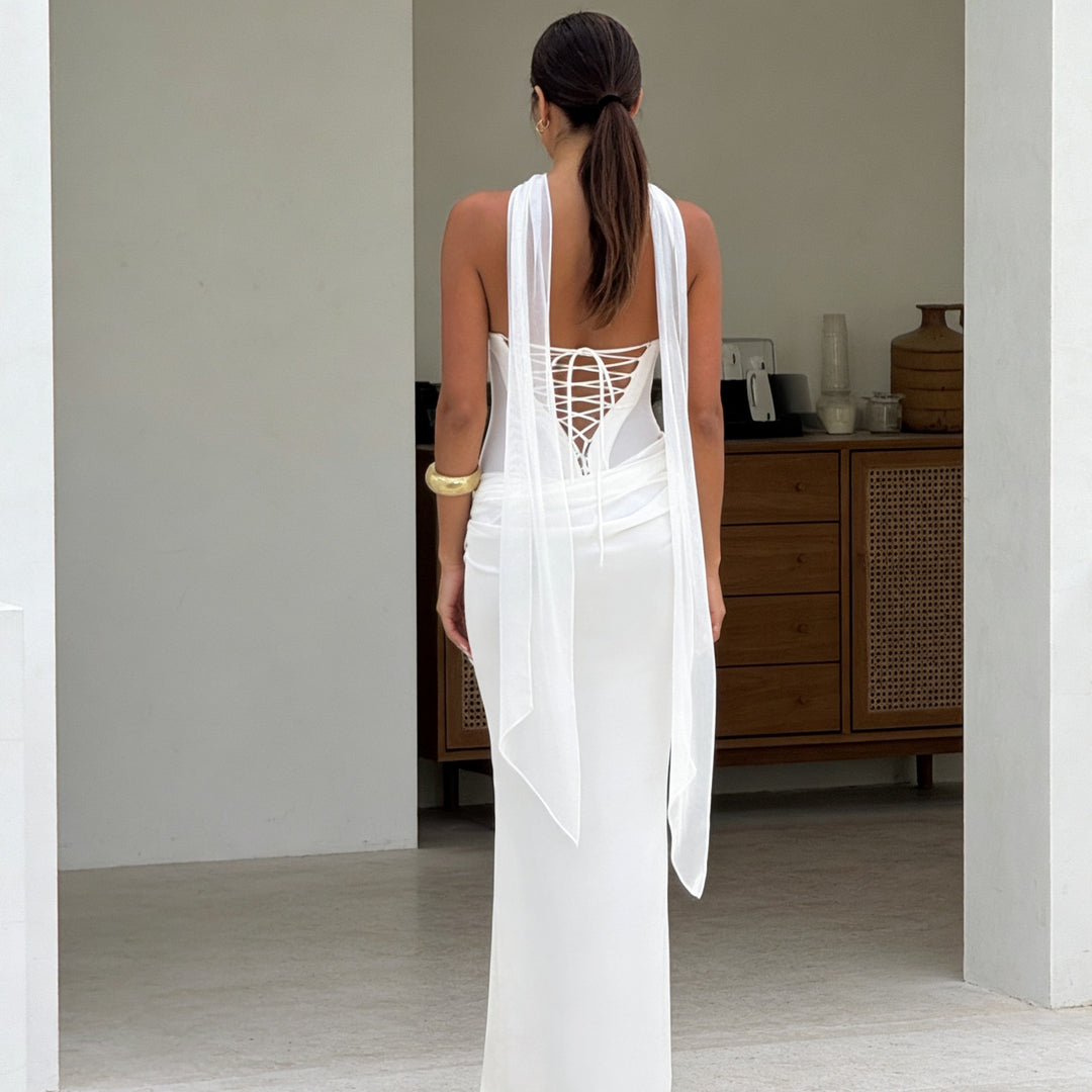 Damen Elegantes schulterfreies Maxikleid mit verführerischem Rüschendetail EB