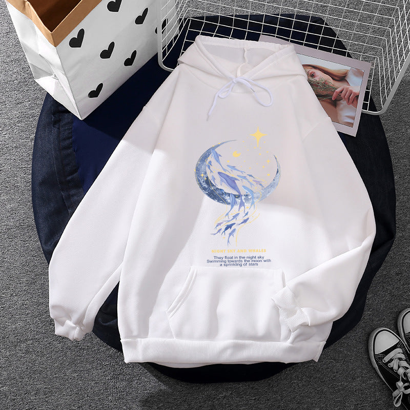 Damen nan Kapuzenpullover mit Mond‑und‑Wal-Illustration, Oversize-Schnitt und Kängurutasche EB